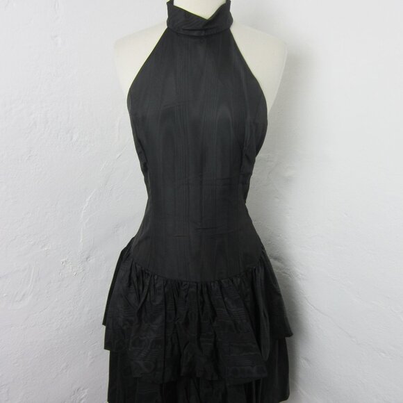 Vintage 70s Positively Ellen Dress Black Taffeta Drop Waist Collared Size 11/12 - Picture 6 of 8